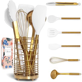 White Silicone and Gold Cooking Utensils Set with Gold Utensil Holder: 7PC Set Includes White Utensils Set,Gold Spatula,Gold Whisk - White and Gold Kitchen Accessories