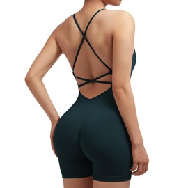SUUKSESS Women Strappy Romper Workout Yoga Seamless One Piece Jumpsuit Tummy Control Padded Sports Bra (Deep Green, S)
