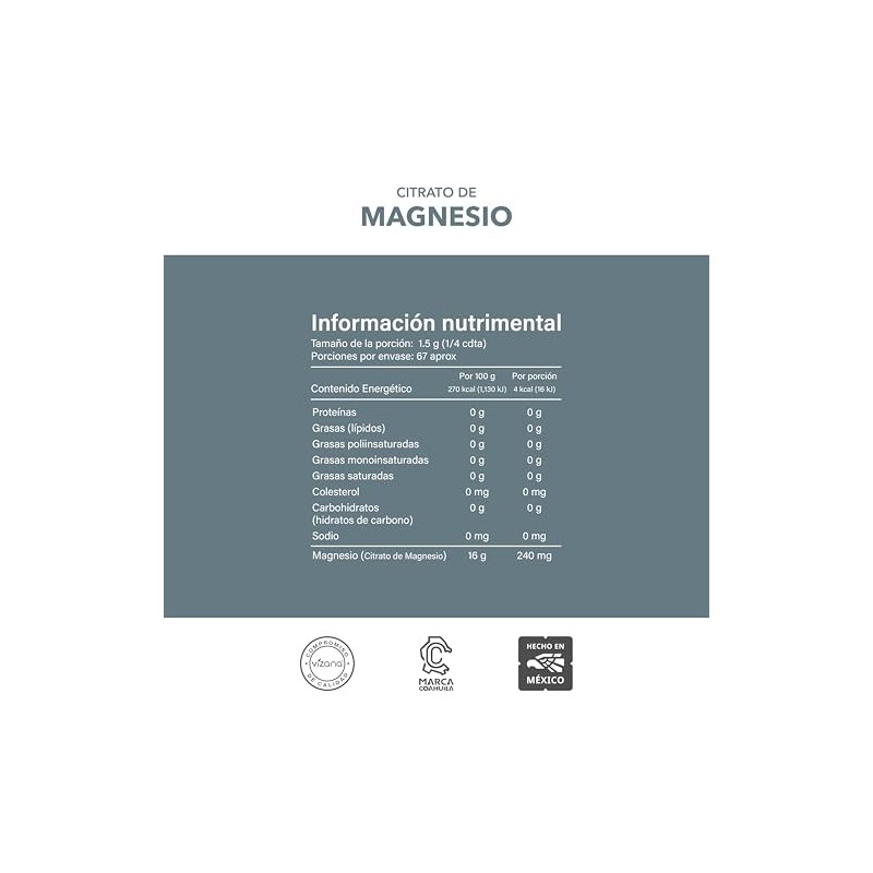 VIZANA NUTRITION | Citrato de Magnesio en Polvo (Trimagnesio Anhidro)