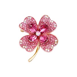 WCRAZYE Rhinestone Green Clover Leaf Brooch Pin for Women Girls Unisex Gold Plated Vintage Crystal Flower Brooches Lapel Pins Lucky Decor Dress Accessories St Patrick's Day Holiday Christmas Jewelry Gift (Pink White)