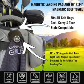 Magnetic Golf Towel & Magnetic Landing Pad – Premium Microfiber Waffle Weave I Scrub Pad I Wash Pocket I Golf Gift I Cart Carry and Tour Bag (Magnetic Landing Pad & 16" x 24" Golf Towel Black)