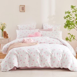Nayoroom Hearts Bed Linen 155 x 220 cm Cotton Pink Bows Girls Duvet Cover 2-Piece White Aesthetic Cute Clean Girl Duvet Cover Set and Pillowcase 70 x 90 cm with Zip