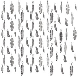 Shimmeroo 80PCS Feather Charms for Jewelry Making, 8 Styles Antique Silver Feather Charms Pendants Tibetan Style Metal Charm for Dreamer Catcher Earring Necklace Bracelet Native