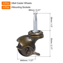 sourcing map 1.5 Inch Ball Caster Wheels with Brake, Set of 4 Stem Caster with 5/16" x 1-1/2" (8x38mm) Stem, Caster Wheels for Furniture, Bronze Tone