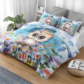 Pamnest Comforter Set Full Size, Cute Owl Animal 3 Pcs Soft Bedding Set for Kids and Adults, Easter Spring Leaf Comforter Set with 2 Pillowcases, for Bedroom Bed Decor