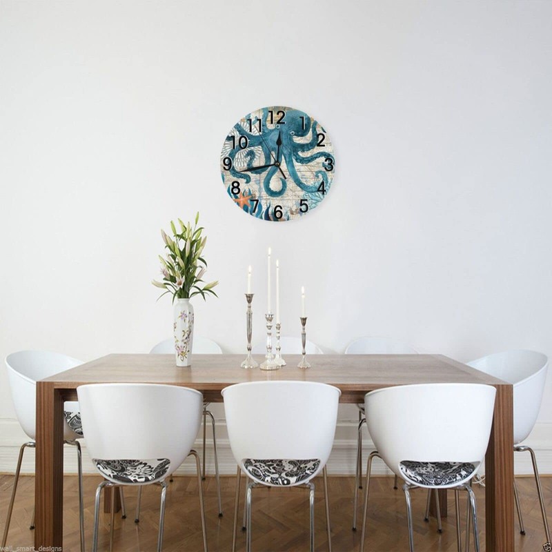 Abucaky Blue Octopus Nautical Map Wall Clock Battery Operated Silent