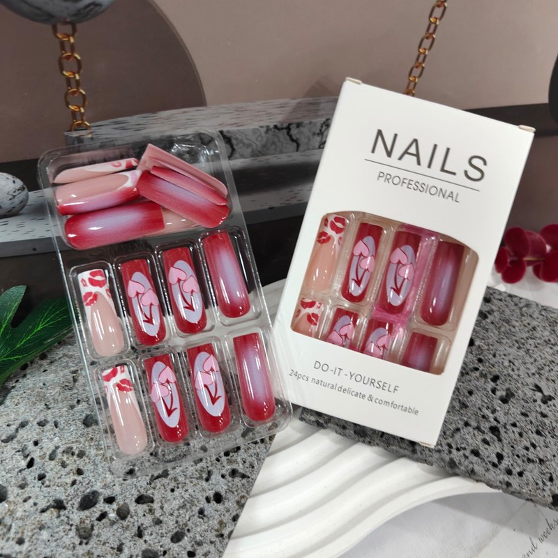 Long Press on Nails French Tip Square Fake Nails with