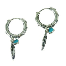 Creole Earrings 925 Silver with Feather and Heart Pendant Indian Jewellery, Sterling Silver, Turquoise