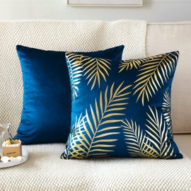JOTOM Set of 2 Cushion Covers 50x50cm Decor Velvet Throw Pillow Covers Gold Leaves Decorative Pillow Cases Bronzing Flannelette Cushion Cover for Couch Bedroom Sofa Car Home Living Room Decor (Navy)