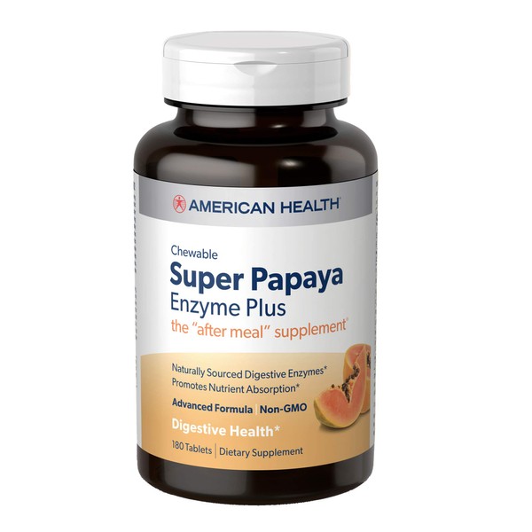 American Health Super Papaya Enzyme Plus Chewable Tablets, Natural Papaya Flavor - Promotes Digestion & Nutrient Absorption, Contains Papain & Other Enzymes - 180 Count, 60 Total Servings
