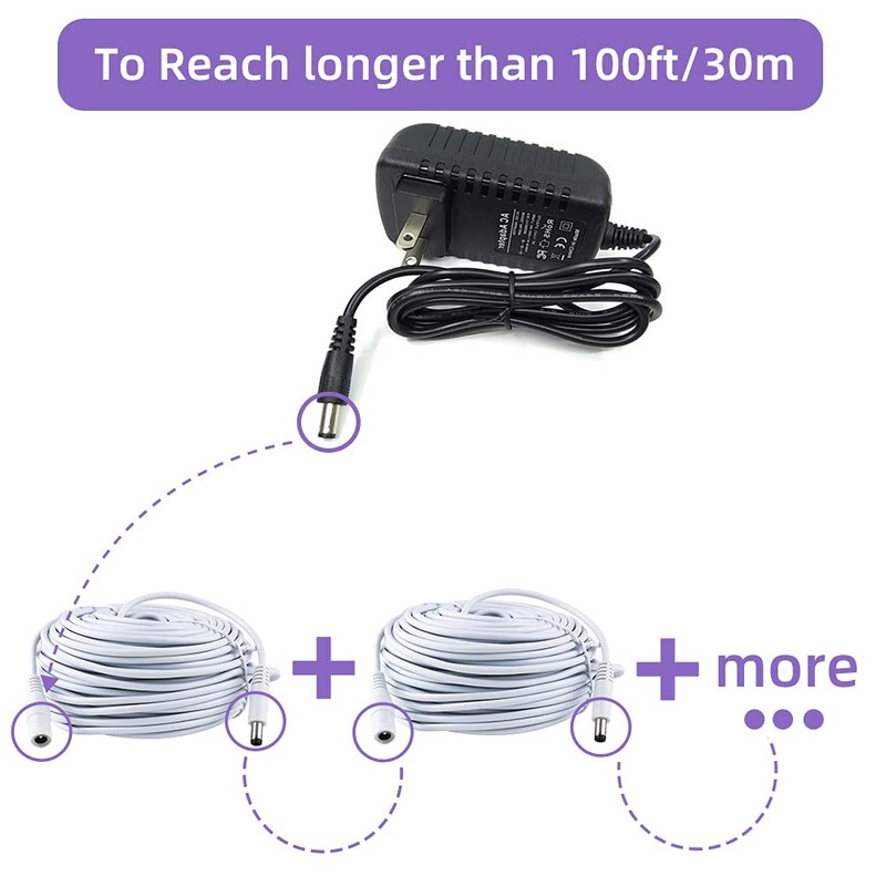 Power Extension Cable 100ft 5.5mm x 2.1mm 12 Volt Male