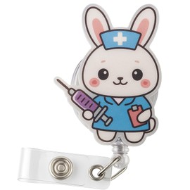 Cute Bunny Nurse Badge Reel: Retractable ID Card Badge Holder with 360° Rotating Alligator Clip - Funny Badge Reel Accessories for Medical Staff Healthcare Nurses Teachers Students