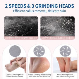 Electric Foot Callus Remover with Dander Vacuum, 3 Roller Heads & 2 Speeds Rechargeable Waterproof Professional Portable Pedicure Tool, Foot Scrub File Kit for Care of Dead Skin, Chapped, Foot Corns