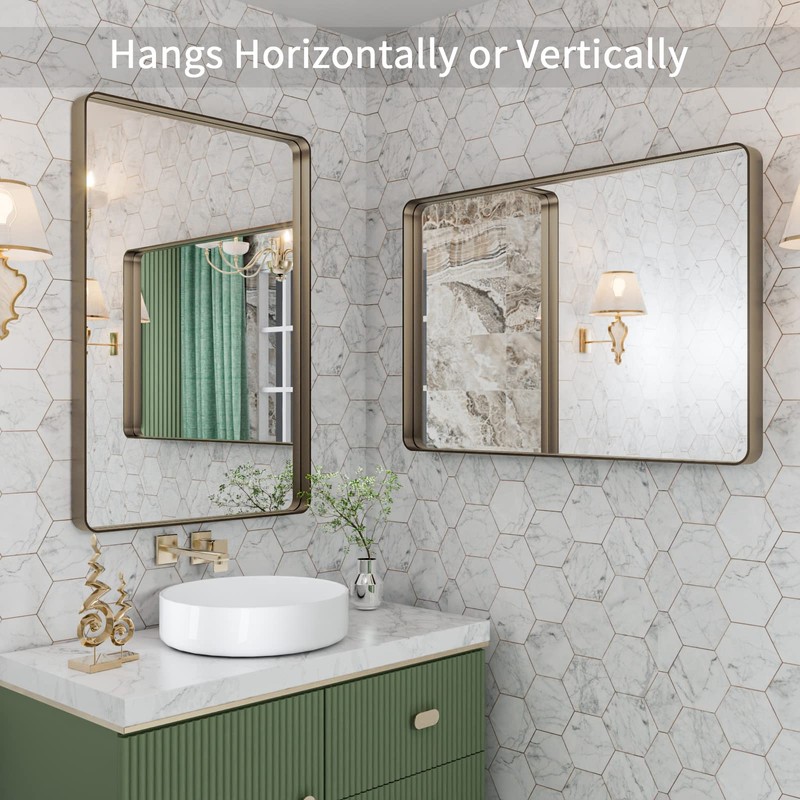 LOAAO 24”X32” Bronze Bathroom Mirrors for Vanity, Rounded Rectangle Brushed