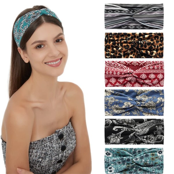 Pack of 6 Bandana Headbands for Women Wide Wavy Headscarf