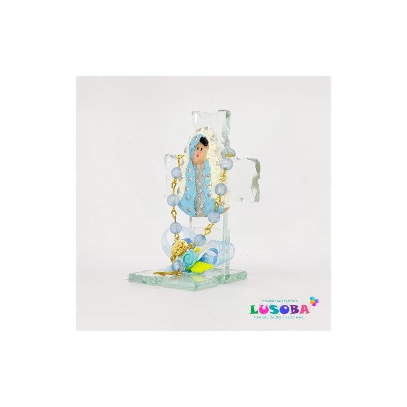 Cruz de cristal azul con Virgen – Pack 12 pcs