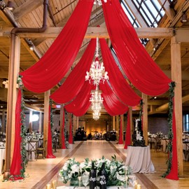 MODFUNS 4 Panels Red Ceiling Drapes 5FTx20FT Chiffon Fabric Draping Fabric Sheer Wedding Ceiling Drapery Chiffon Curtains for Backdrop Swag Drape Curtains for Wedding Arches Anniversary Tent Draping