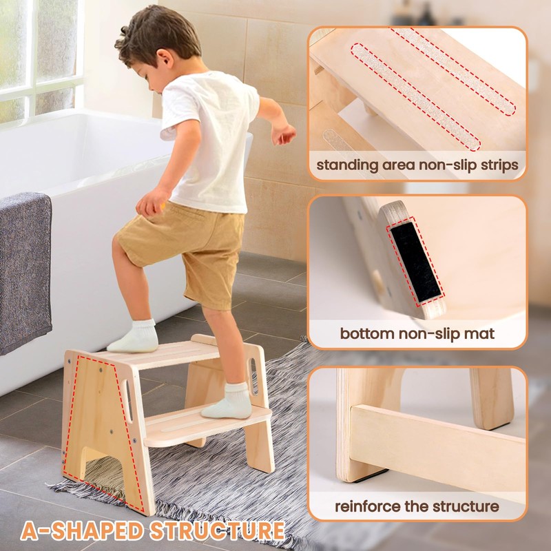 2 Pack Toddler Step Stool, Wooden Height-Adjustable 2-Step Stool for