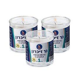 Tribello 1 Day Yahrzeit Memorial Candle for Ner Neshama, Yom Kippur, Yizkor or Emergency - Unscented 26 Hour in Glass Jar - 3 Pack