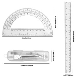 Tdfronien 3 Packs Plastic 12 Inch Ruler,6 Inch Clear Protractor and Compasses Set Student Geometry Math Set for Classroom Set Angle Detector School Supplies Classroom Ruler Home Office Drawings