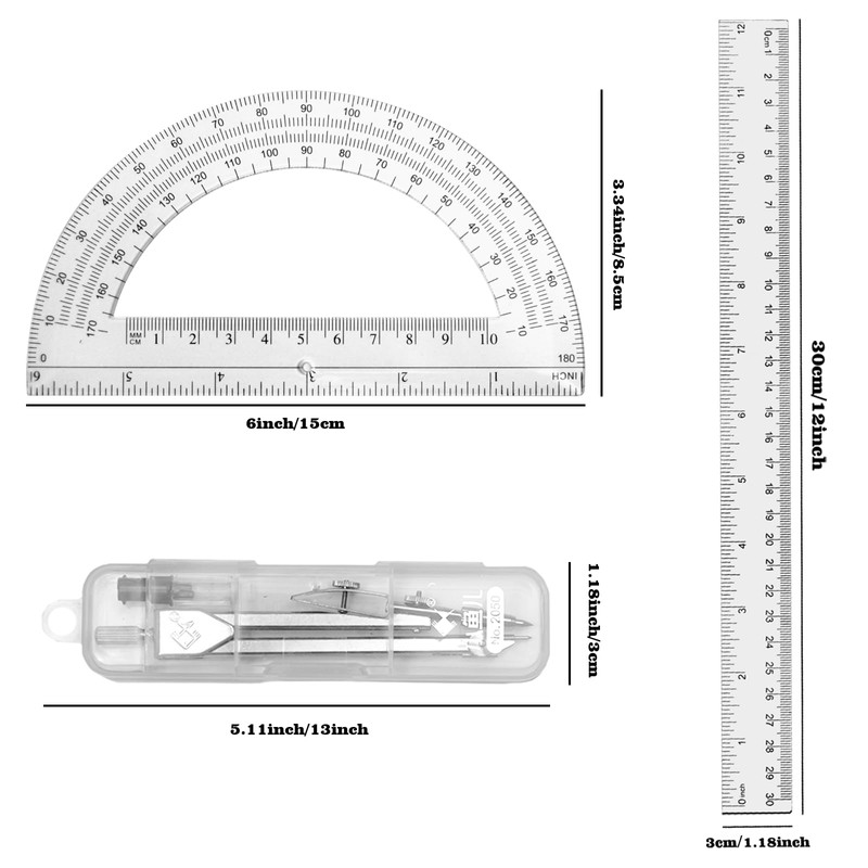 Tdfronien 3 Packs Plastic 12 Inch Ruler,6 Inch Clear Protractor