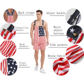 MRNYQBM American Flag Overalls Denim Bib Shorts for Men And Women 4Th of July Denim Shortalls Adjustable Jean Jumpsuit Shorts,American flag,XL
