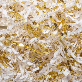 Mefleet 1/2 LB Crinkle Cut Paper Shred Filler 8 oz White & Gold Crinkle Shredded Paper for Gift Box - Gift Basket Bag Filler - Grass Cushion Stuffing for Easter, Mother's day, Birthday Packaging Wrapping