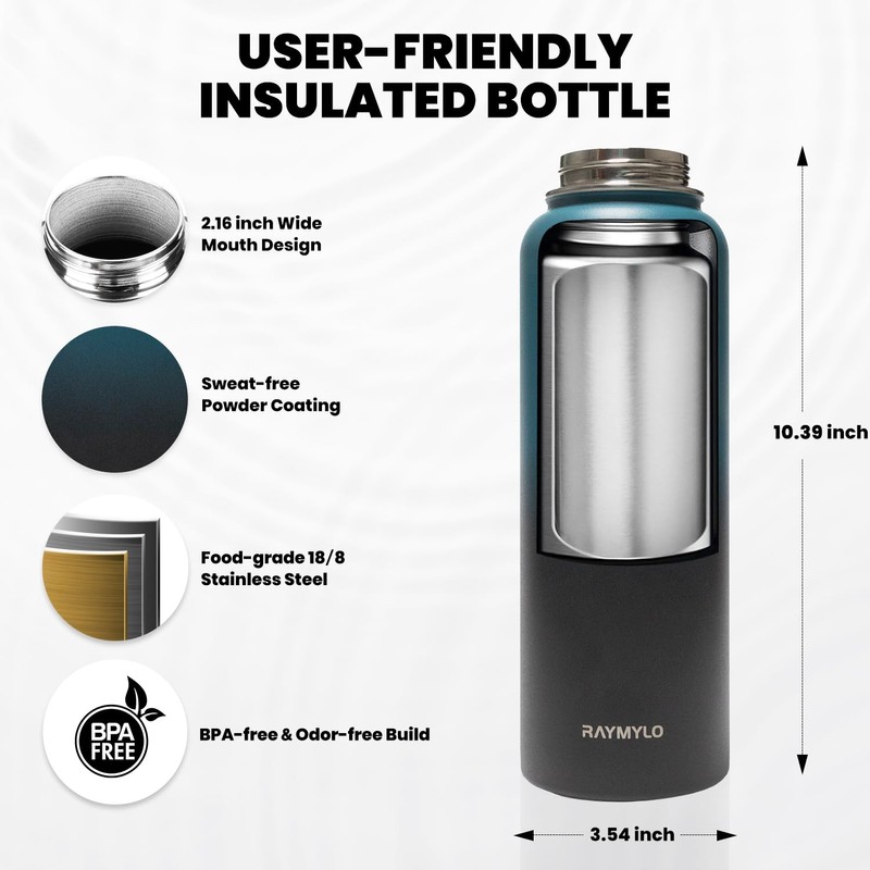 RAYMYLO Insulated Water Bottle 40 oz, Triple Wall Vacuum Stainless