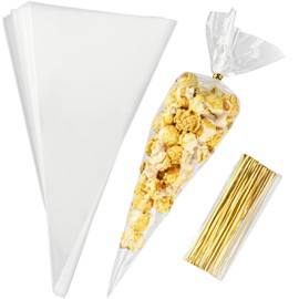 100 Pieces Cone Shaped Treat Bags, Cone Shaped Cellophane Treat Bags, 10 x 5 Inches Triangle Clear Plastic Candy Bag with Twist Ties for Popcorn Treats Cookies Christmas Valentines Party Supplies