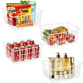 WYIPOLZI 4 Pack White Wire Baskets for Freezer, Wire Freezer Organizer Bins Farmhouse Metal Freezer Basket with Handles for Cabinets, Pantry, Closets, Bedrooms