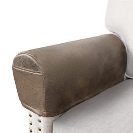 Leather Look Couch Arm Covers Set of 2 Armrest Covers for Sofa Chair Arm Protectors Stretch Armchair Slipcovers with Pockets Washable Spandex Fabric (Medium, Light Brown)