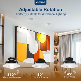 Amico 12 Pack 3 Inch 5CCT Eyeball LED Recessed Lighting, 360° Adjustable Rotation Gimbal Directional Downlight, Dimmable, 2700K/3000K/3500K/4000K/5000K Selectable, 8W 600LM CRI90+, White, ETL&FCC