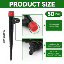 50PCS 1/4” Drip Irrigation Drippers with Lock, Kalolary Drip Irrigation Emitters for 4/7mm Tube, Adjustable 360 Degree 8 Holes Water Flow Sprayer Micro Spray Drip System Parts for Lawn Yard Pot (Red)