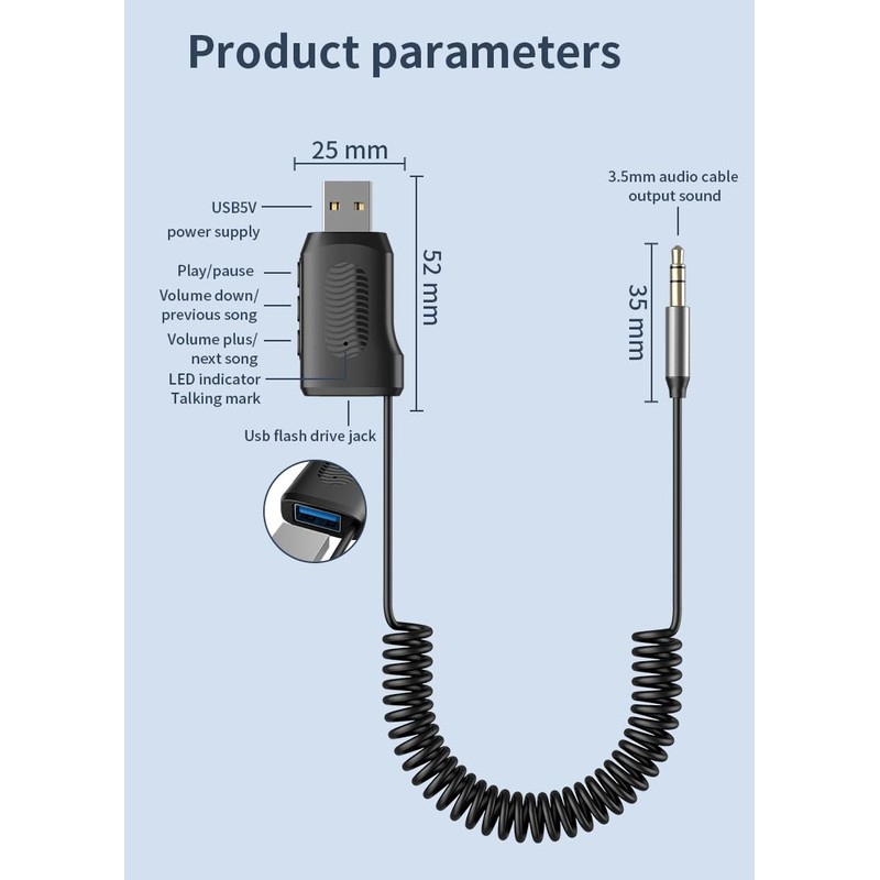 Bluetooth 5.4 Car Audio Adapter 3.5 mm AUX Plug RX