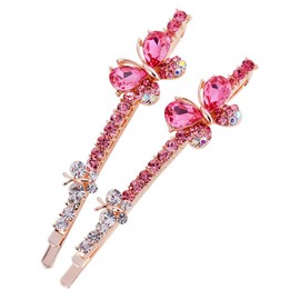 Ruihfas 1 Pair Fashion Women Girls Crystal Rhinestone Hairpins Double Butterfly Design Hair Pins Clips Barrettes Headdress (Rose)