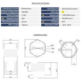 KWONONG LED Momentary Push Button Switch, Stainless Steel, IP67 Waterproof 5-24V 20A 1NO1NC, with Wire Socket Plug (1, Yellow, 22mm)