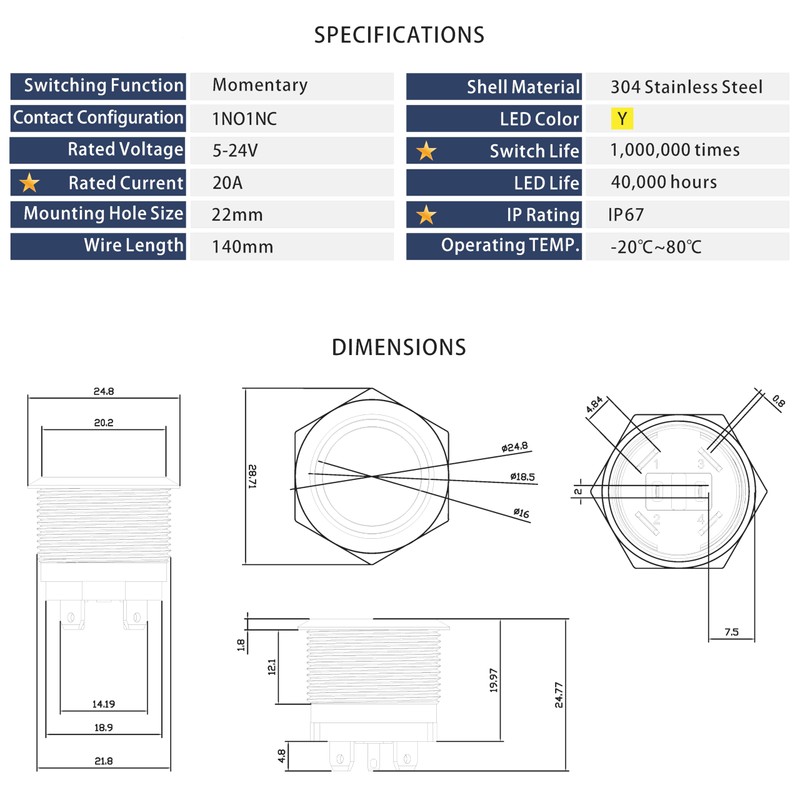 KWONONG LED Momentary Push Button Switch, Stainless Steel, IP67 Waterproof