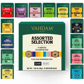 VAHDAM, Assorted Tea Sampler (15 Different Variety in Individually Wrapped Pyramid Tea Bags) Long Leaf Premium Teas I Teas Gift Set I Ideas for Tea Lovers | Gifts for Women & Men