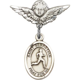 Sterling Silver Baby Badge with St. Sebastian/Track & Field Charm and Angel w/Wings Badge Pin 7/8 X 3/4 inches
