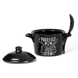 Pacific Giftware Purrfect Stew Serving Pot with Spoon, Ceramic Bowl for Soup Dishes, Approximately 4.72 Inches X 5.91Inches, 14 FL OZ