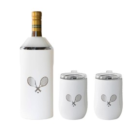 Vinglacé Wine Bottle Chiller Limited Edition Tennis Gift Set- Portable Stainless Steel Wine Cooler with 2 Stemless Wine Glasses, Tennis White