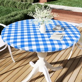 Smiry Round Picnic Table Cloth, Elastic Waterproof Fitted Vinyl Tablecloth for 18"-24" Tables, Flannel Backed Buffalo Plaid Table Covers for Dining, Camping, Outdoor, White and Blue