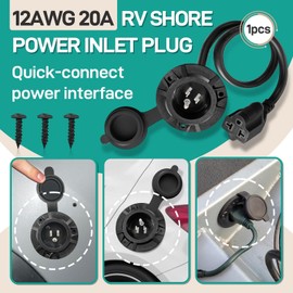 125V 20A AC Port Plug, 12AWG Heavy-Duty RV Shore Power Inlet Plug with 5-in-1 T-Blade Adapter, 16" Extension Cord & Waterproof Outlet Box for RV/Trailer/Boat Outdoor Use