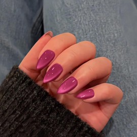 Hot Pink Nails Press on, Neon Cat Eye Press on Nails Medium Almond Shaped, SXVME Glitter Glue on Nails Short Fake Nails, Thick Acrylic False Nails, Glossy Shiny Stick on Nails for Women 30Pcs