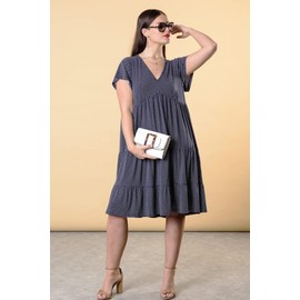 ZOEMEFUL Women's Plus V Neck Short Sleeve Polka Dot Tiered Ruffle Casual Swing Dress 2XL