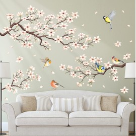 DECOWALL SG2-2304 White Cherry Blossom Branch Wall Stickers Flower Birds Wall Decals Bedroom Living Room TV DIY Wall Home Décor
