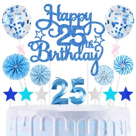 25th Geburtstag Kuchen Dekoration Kuchen Toppers Zahl Kerzen Birthday Torten Dekoration Sternen Papierfächer Ballon Torte Toppers Kuchendeko für 25. Geburtstag Dekorationen Party Zubehör, Blau