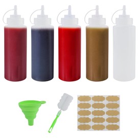 16 oz Squeeze Bottle, Pack of 5 500 ml Plastic Squeeze Bottles with Caps, Condiment Sauce Bottle for Ketchup, with 1 Sponge Cup Brush + 1 Green Funnel + 15 Specially Shaped Kraft Papers