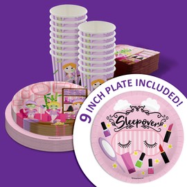 Slumber Party Supplies - Spa Birthday Party Supplies - Pajama Party Tableware Set Includes Plates Napkins Cups - Kit for 16 (Spa Sleepover, 64 Piece)
