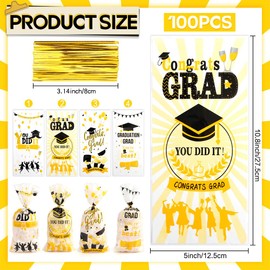 Graduation Treat Bags, 100 PCS Graduation Goodie Bags, Graduation Candy Bag, Plastic Graduation Cello Cookie Gift Snacks Wrapping Bag with Gold Twist Ties for Graduation Party Favor Supplies White